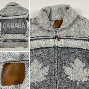 Canadiana Canada Shawl Collar Cowichan Cardigan Sweater Womens Small Gray
